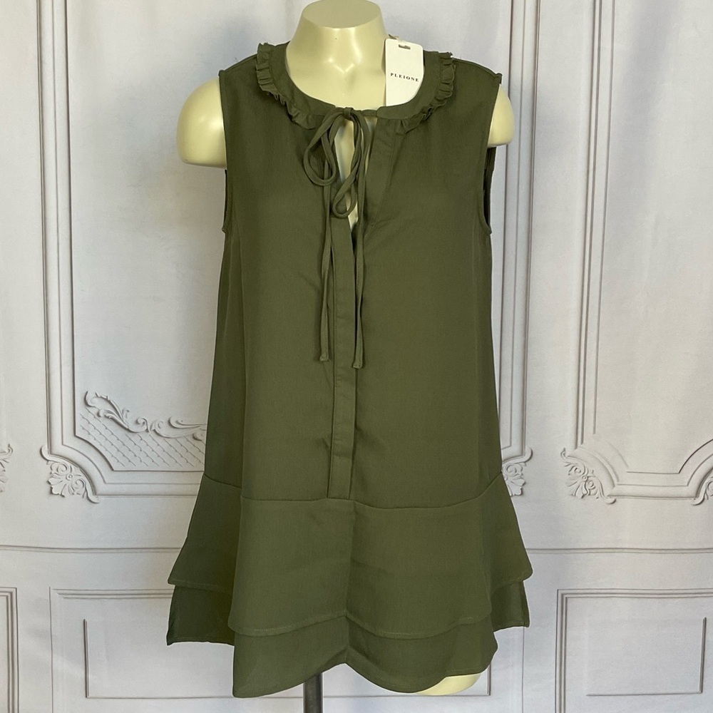 PLEIONE Olive Green Gauze Sleeveless Peplum Blouse Women’s XS Anthropologie